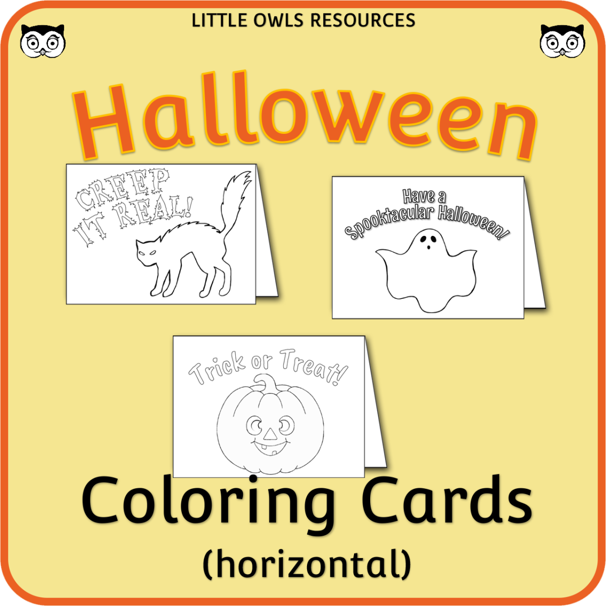 An educational teaching resource from Little Owls Resources entitled Halloween Cards - Coloring - Horizontal downloadable at Teach Simple.