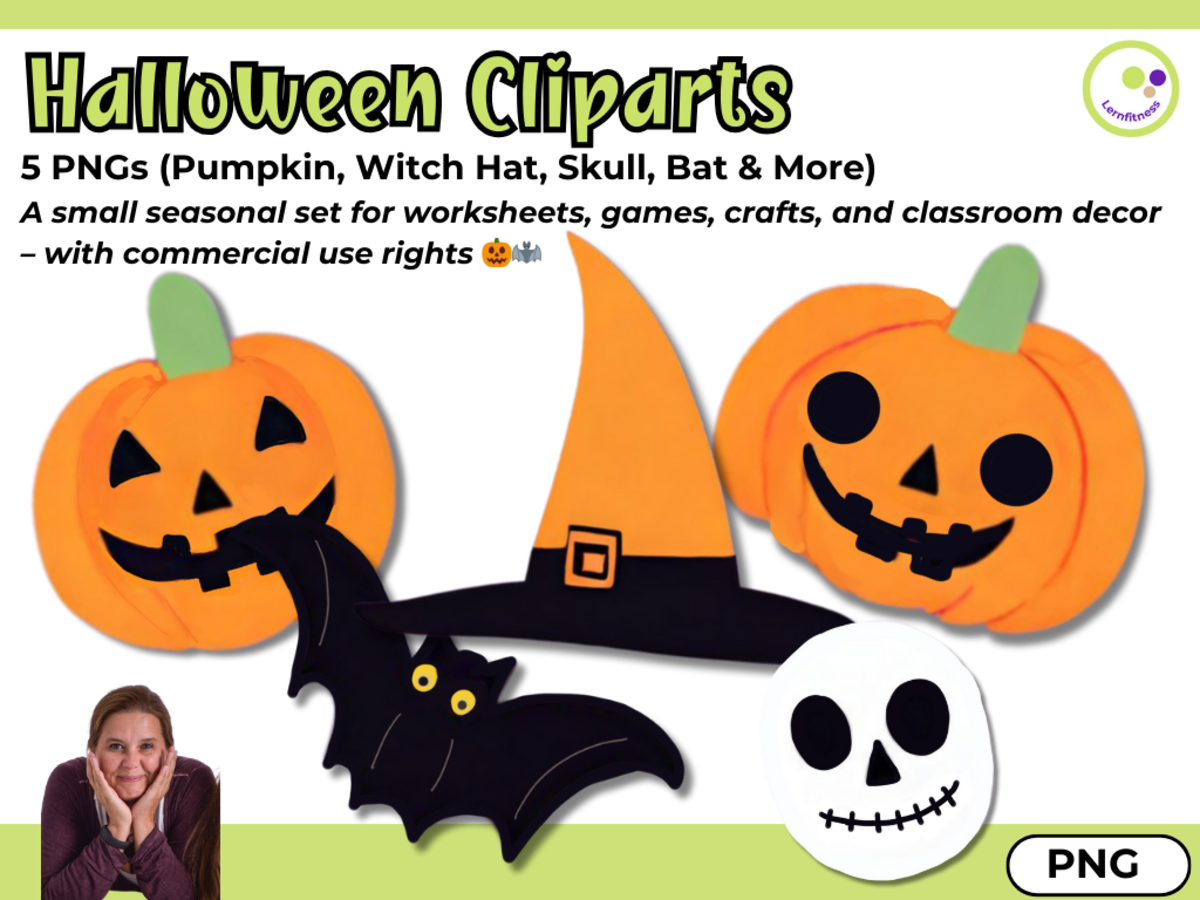 An educational teaching resource from Lernfitness entitled Halloween Cliparts – 5 PNG Illustrations Pumpkin Witch Hat Skull Bat downloadable at Teach Simple.