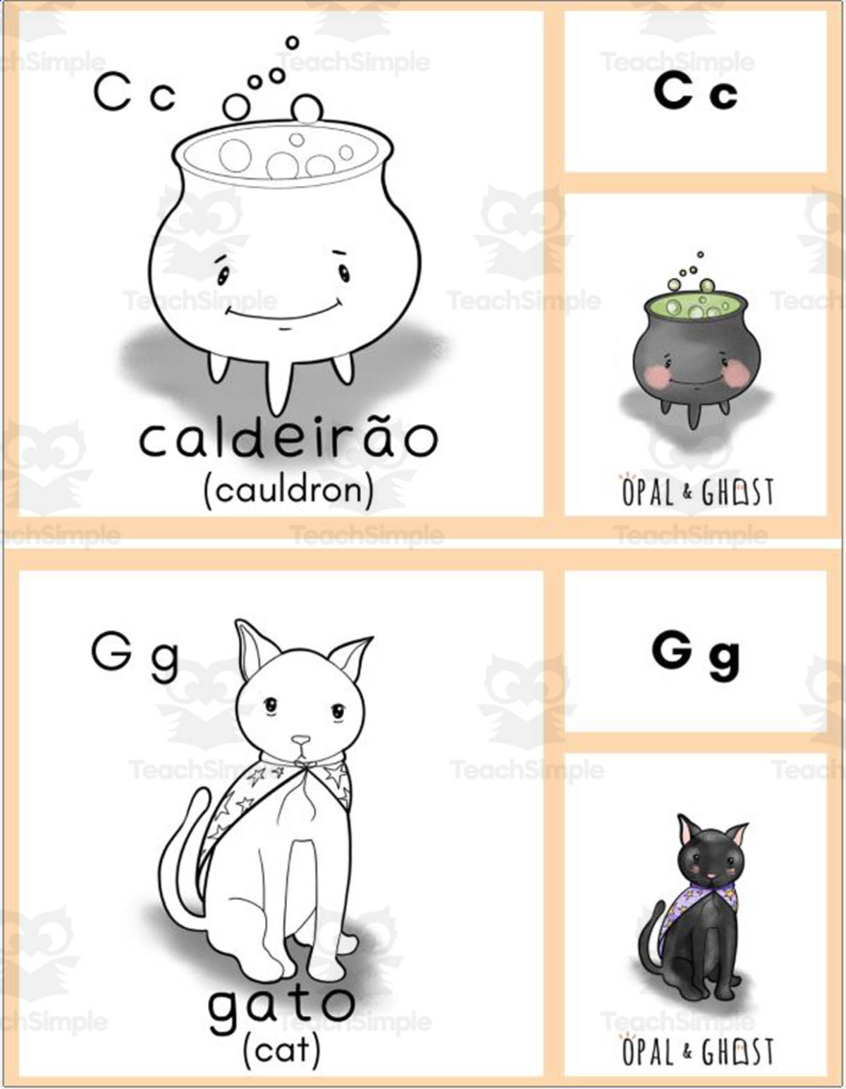 An educational teaching resource from Christine Dias entitled Halloween Coloring Fun - Coloring in Portuguese and English (Letra C e G) downloadable at Teach Simple.