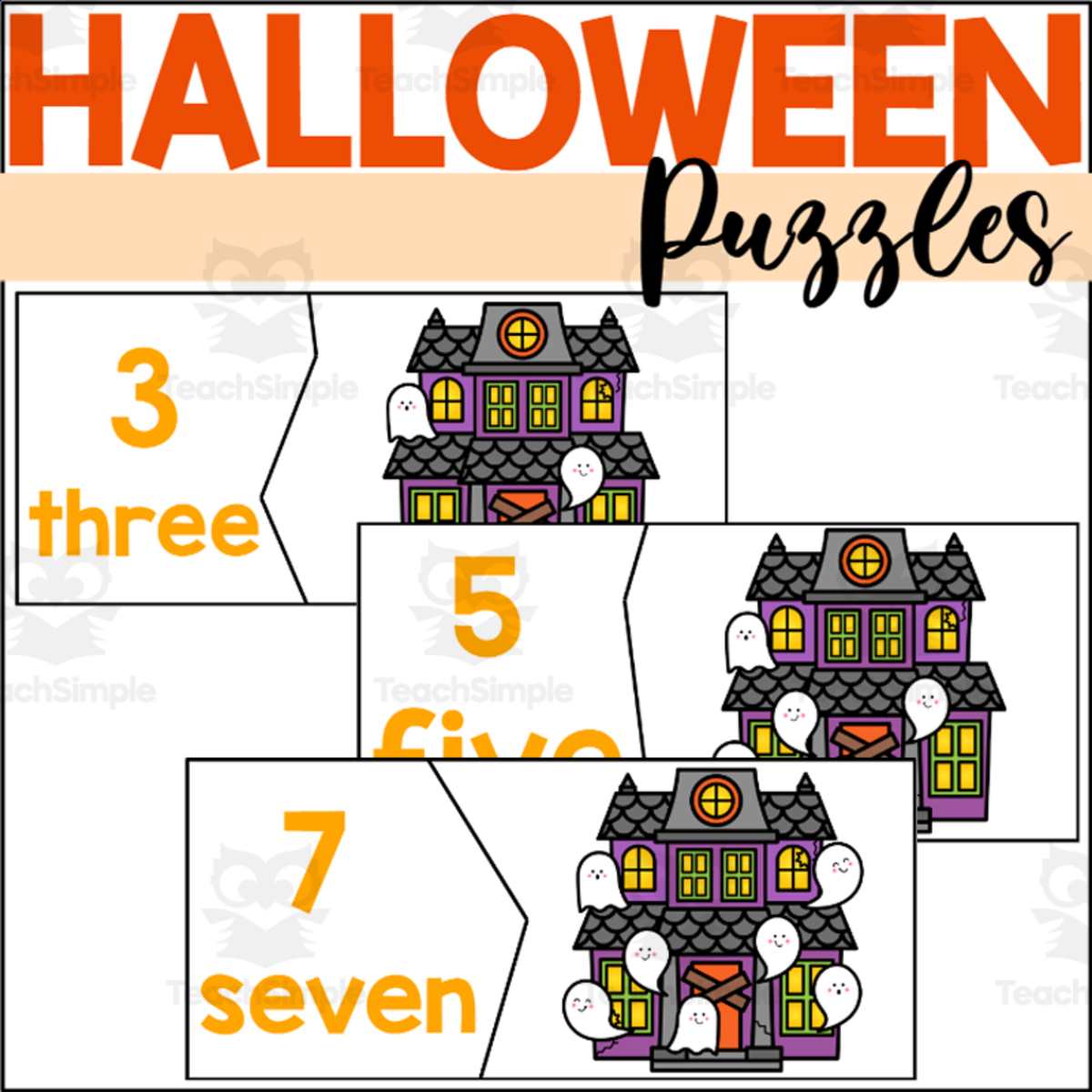 An educational teaching resource from The Connett Connection entitled Halloween Counting to 10 Puzzles downloadable at Teach Simple.