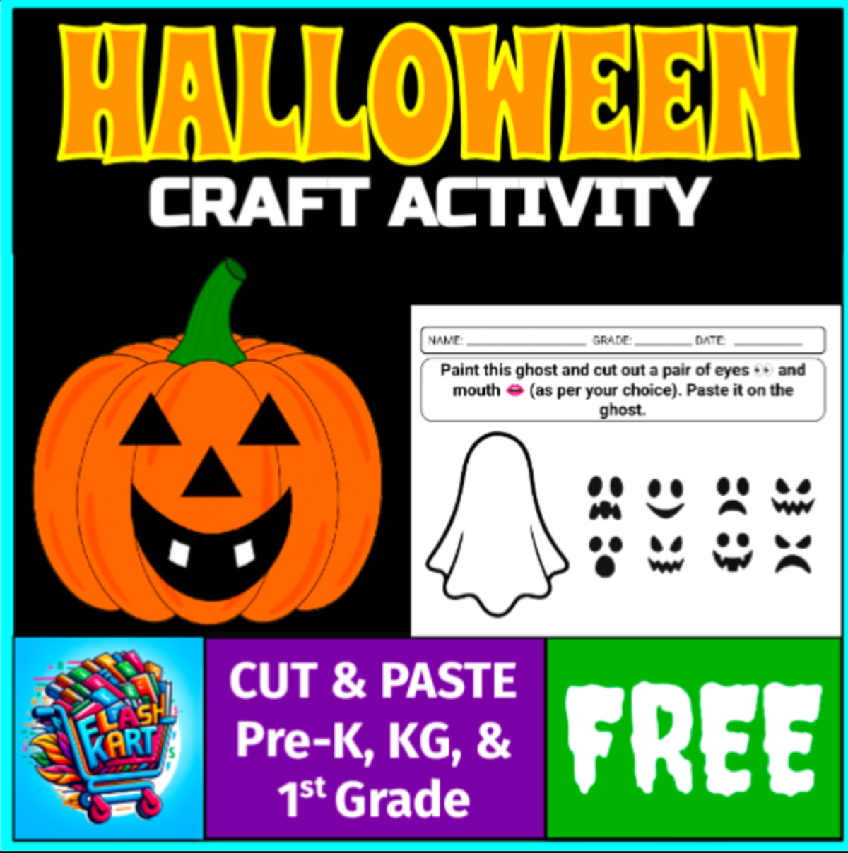 An educational teaching resource from FlashKart entitled 🎃 Halloween Craft Activity: Make Your Own Jack-o’-Lantern & Ghost! 👻 downloadable at Teach Simple.