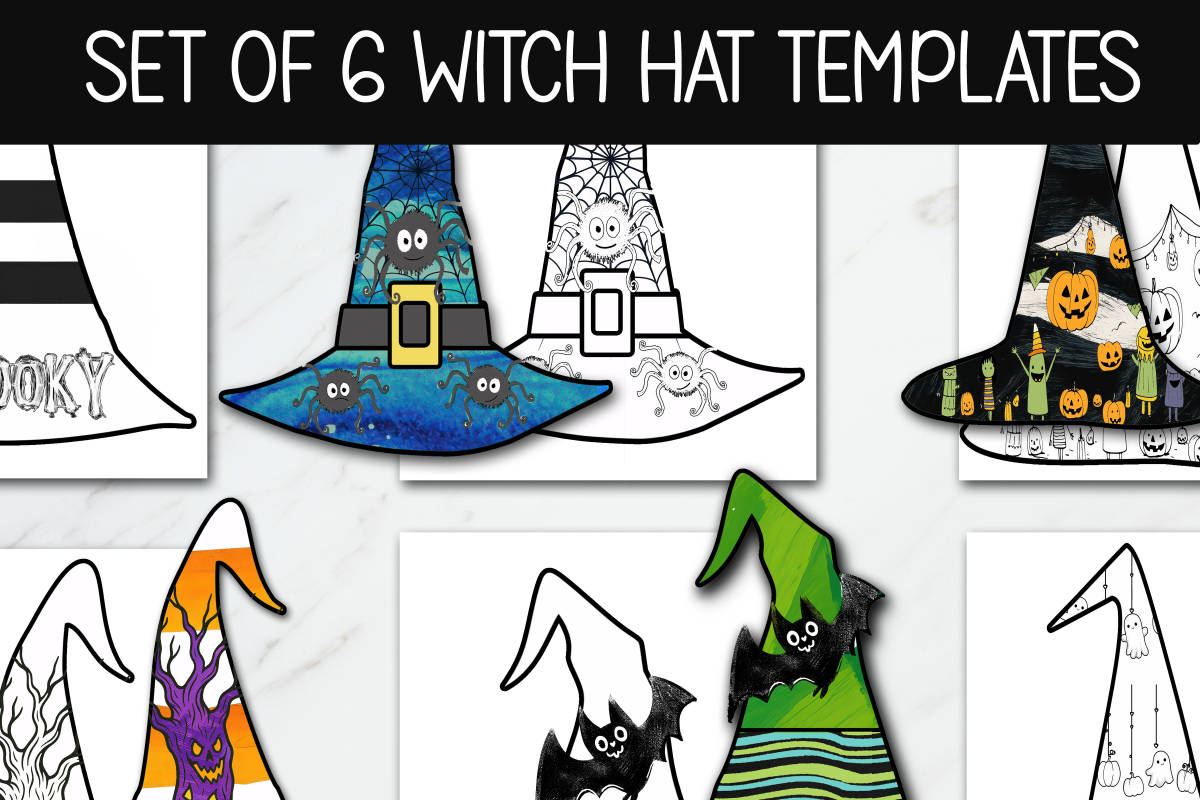 An educational teaching resource from Forever June Digital Design entitled Halloween Crafts, Witch Hat Templates, October Coloring Activity downloadable at Teach Simple.