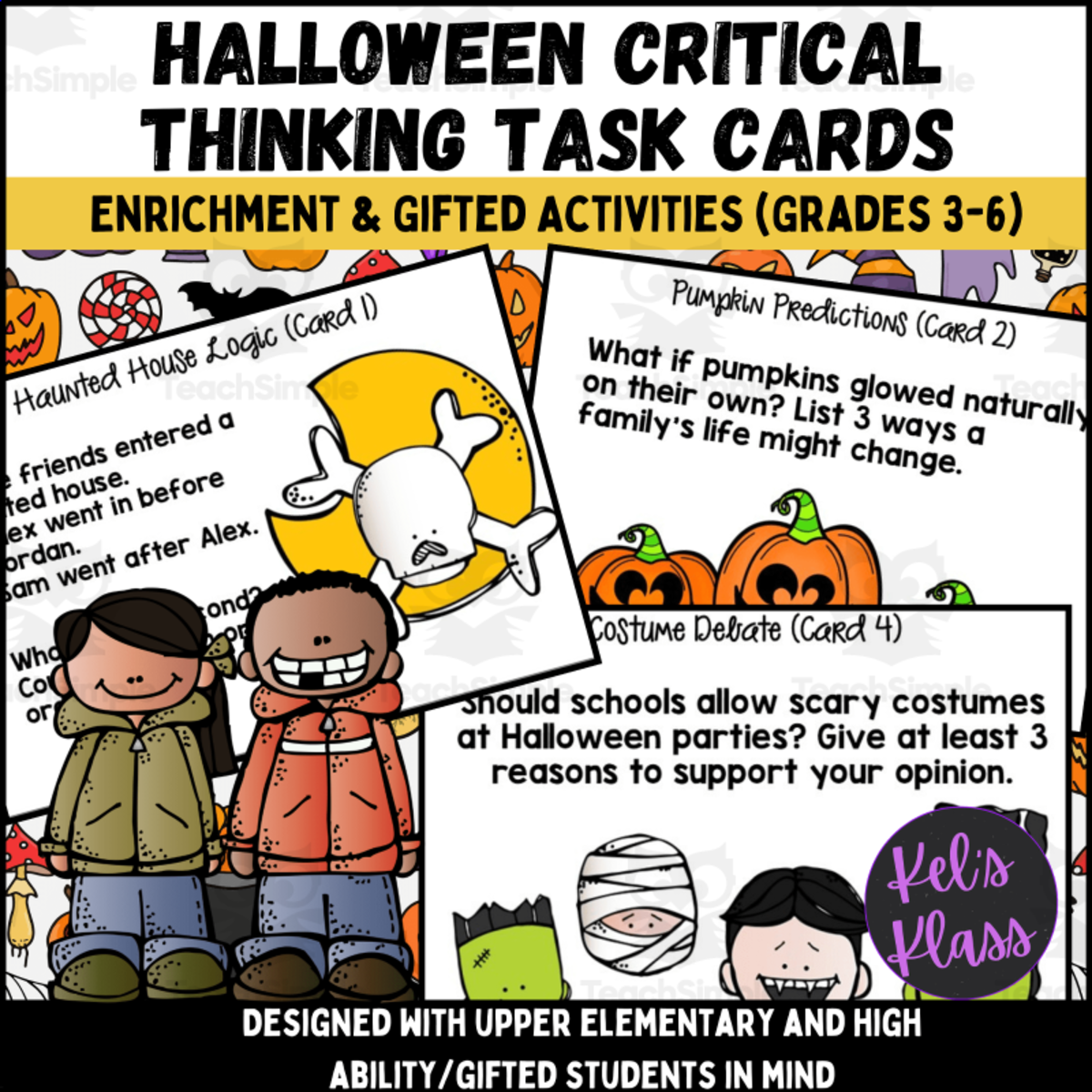 An educational teaching resource from Kel's Klass entitled Halloween Critical Thinking Task Cards (Math, Science, Language) downloadable at Teach Simple.