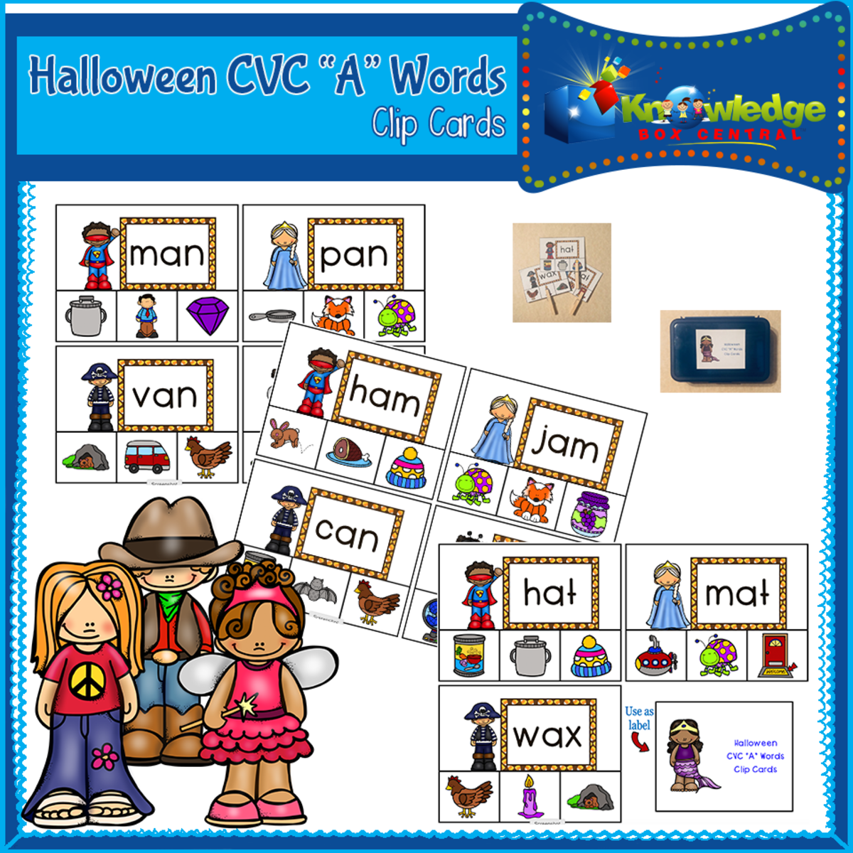 An educational teaching resource from Knowledge Box Central entitled Halloween CVC "A" Words Clip Cards downloadable at Teach Simple.