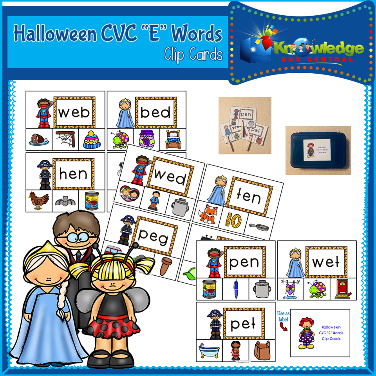 An educational teaching resource from Knowledge Box Central entitled Halloween CVC "E" Words Clip Cards downloadable at Teach Simple.