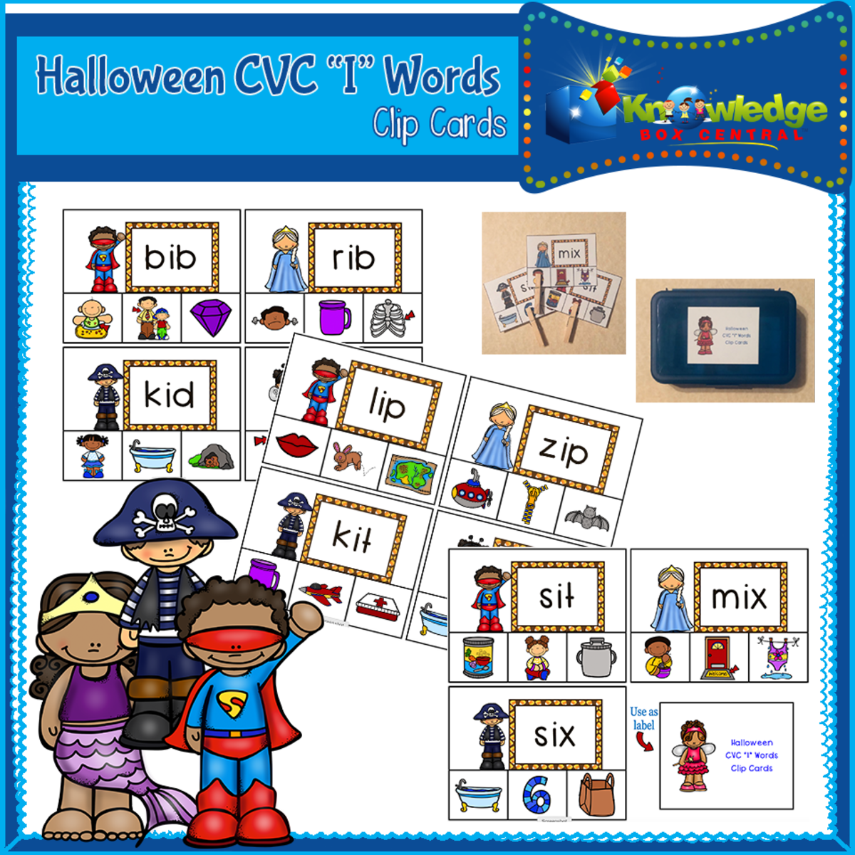 An educational teaching resource from Knowledge Box Central entitled Halloween CVC "I" Words Clip Cards downloadable at Teach Simple.