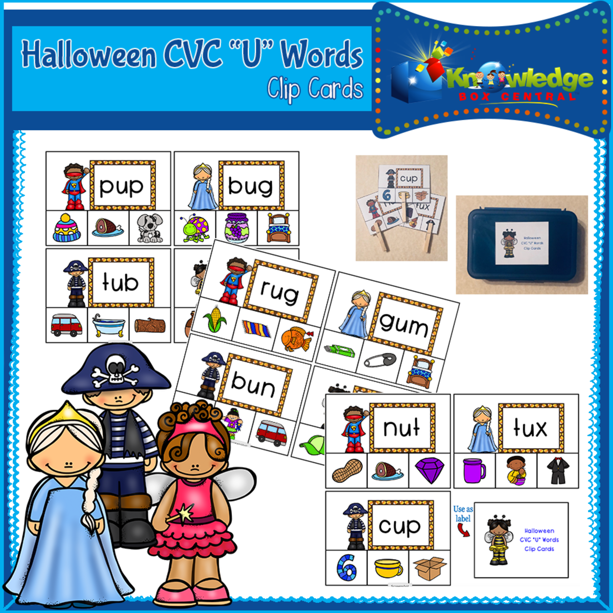 An educational teaching resource from Knowledge Box Central entitled Halloween CVC "U" Words Clip Cards downloadable at Teach Simple.