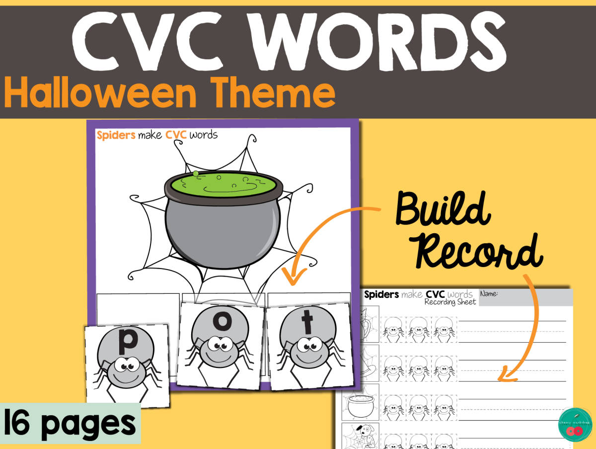 An educational teaching resource from Cherry Workshop entitled Halloween CVC Words Build Cards downloadable at Teach Simple.