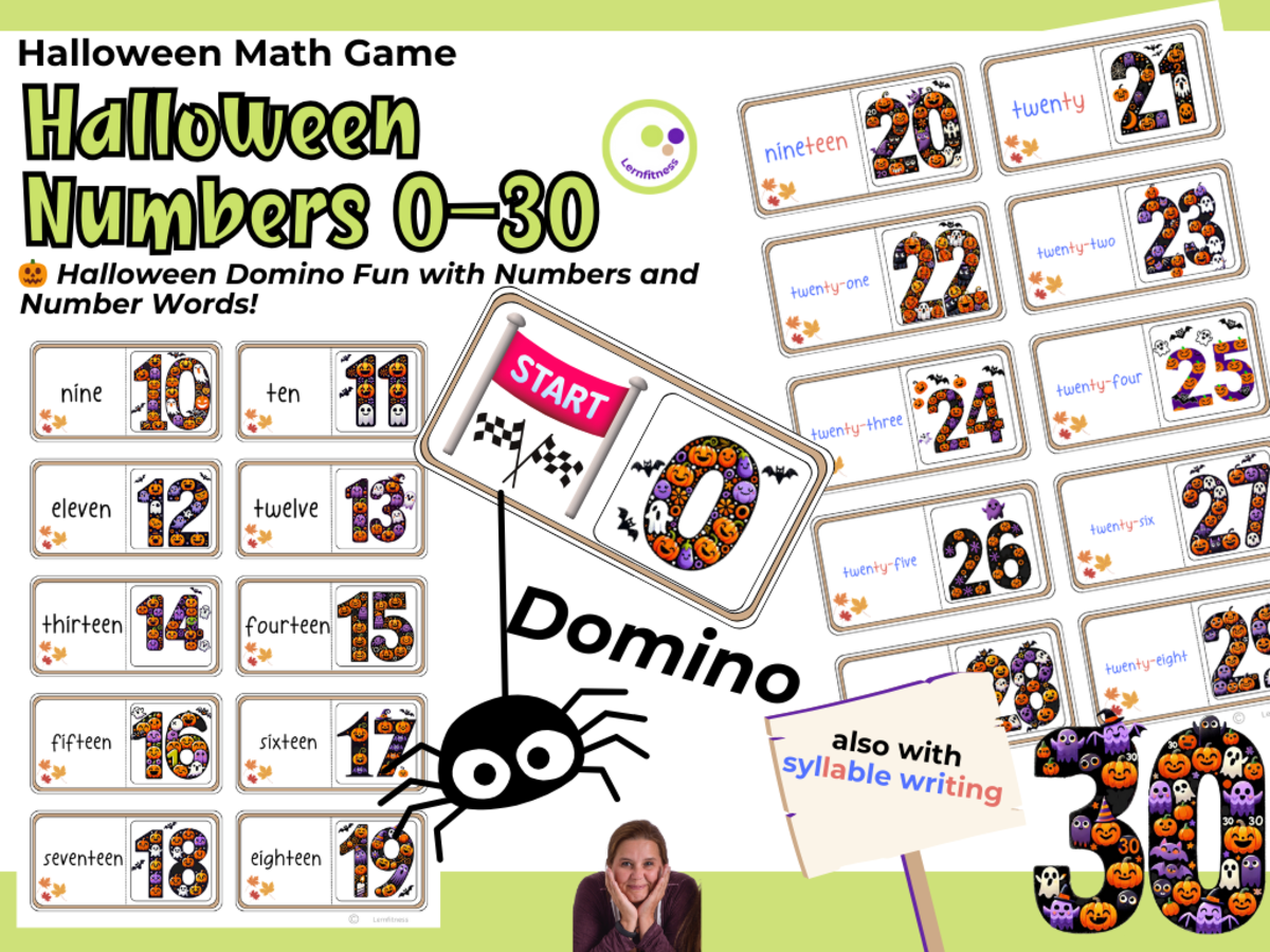 An educational teaching resource from Lernfitness entitled Halloween Domino Game – Numbers 0–30 and Number Words downloadable at Teach Simple.