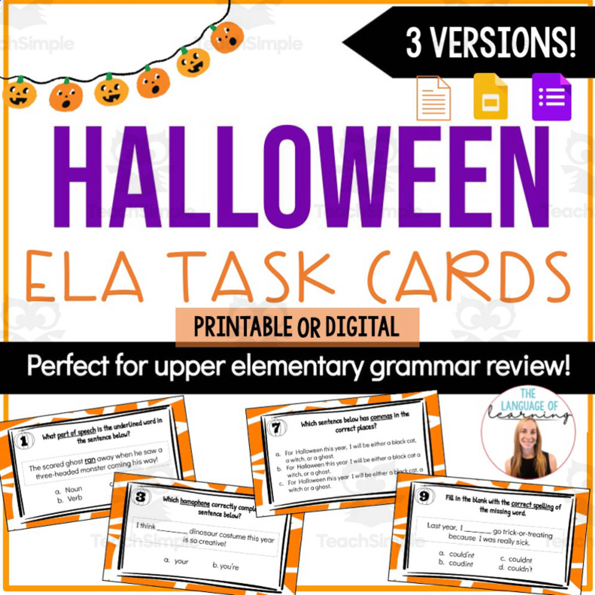 An educational teaching resource from The Language of Learning entitled Halloween ELA Task Cards downloadable at Teach Simple.