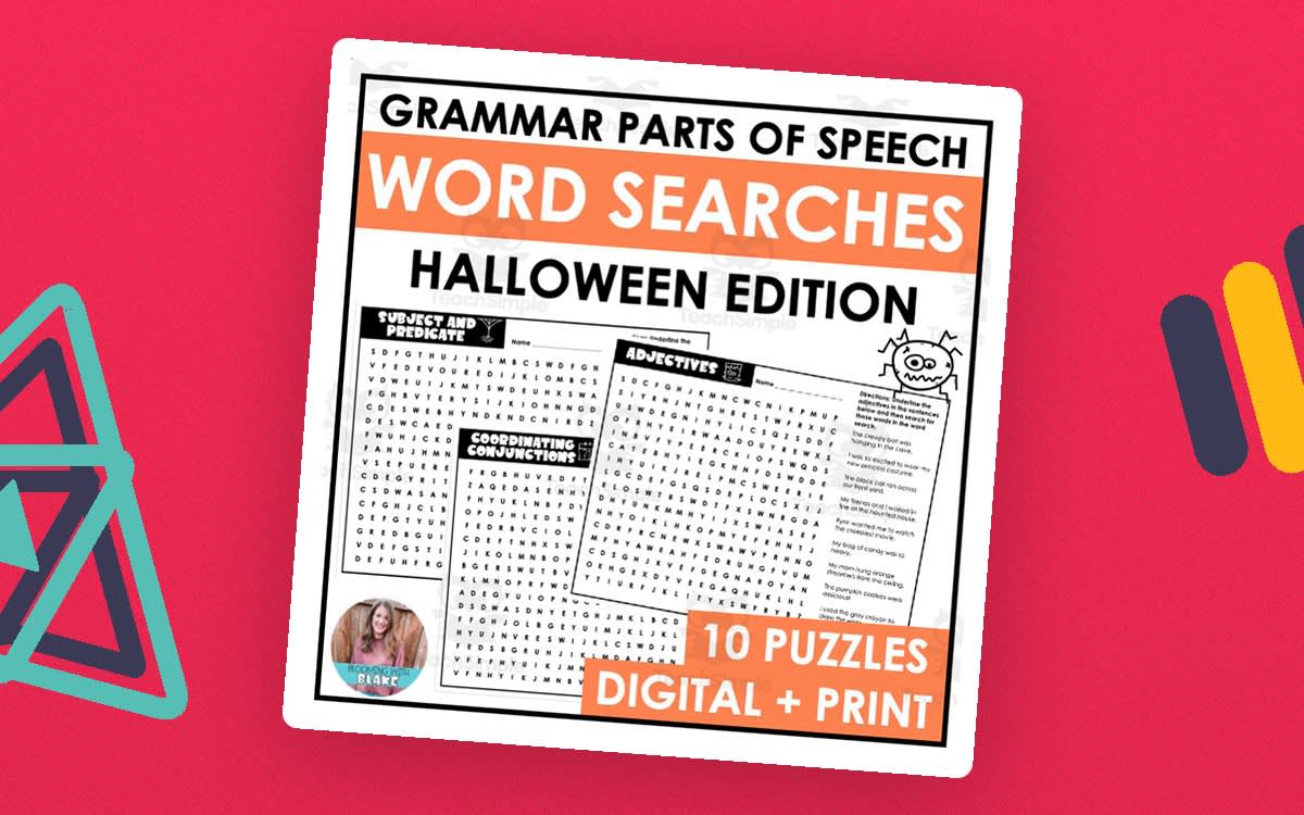 An educational teaching resource from Blooming with Blake entitled Halloween Grammar Word Search Packet downloadable at Teach Simple.