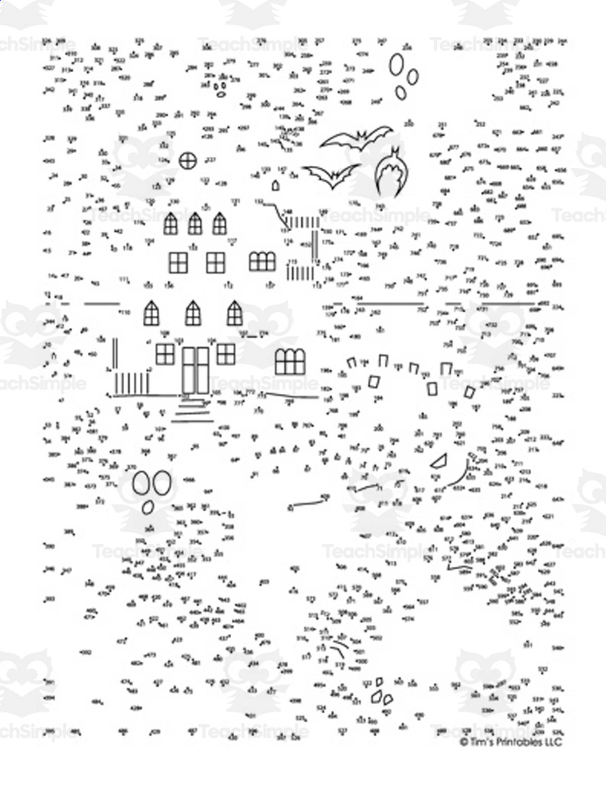 An educational teaching resource from Tim's Printables entitled Halloween Haunted House Extreme Difficulty Dot-to-Dot PDF downloadable at Teach Simple.
