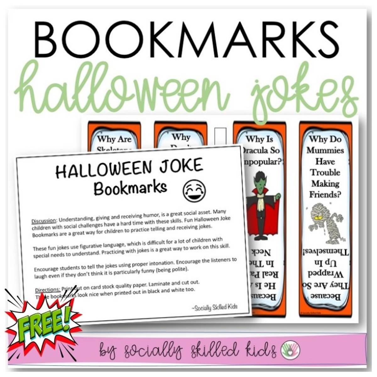 An educational teaching resource from Socially Skilled Kids entitled Halloween Joke Bookmarks, Using Figurative Language downloadable at Teach Simple.
