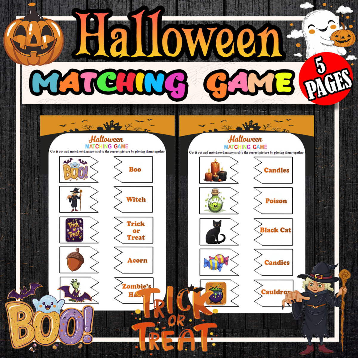 An educational teaching resource from Bambolina55 entitled Halloween Matching Game for Kindergarten to 4th Grade downloadable at Teach Simple.