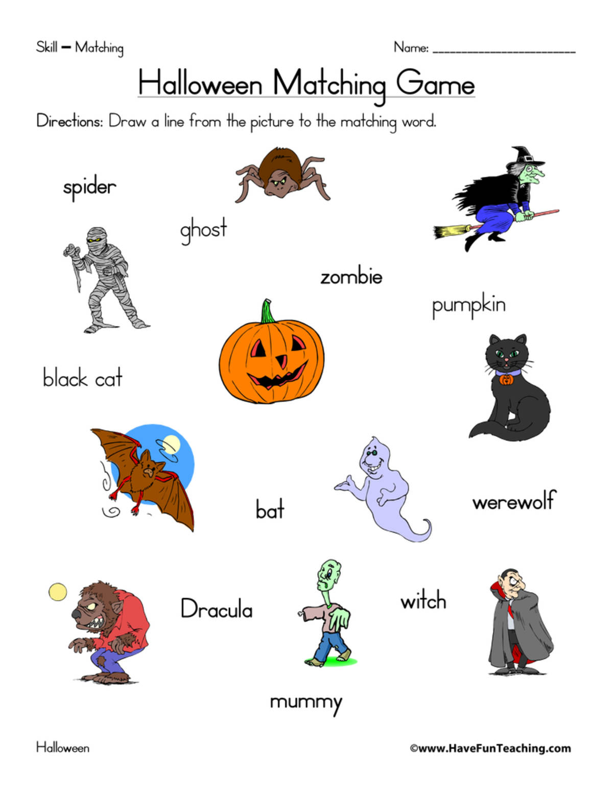An educational teaching resource from Have Fun Teaching entitled Halloween Matching Worksheet downloadable at Teach Simple.