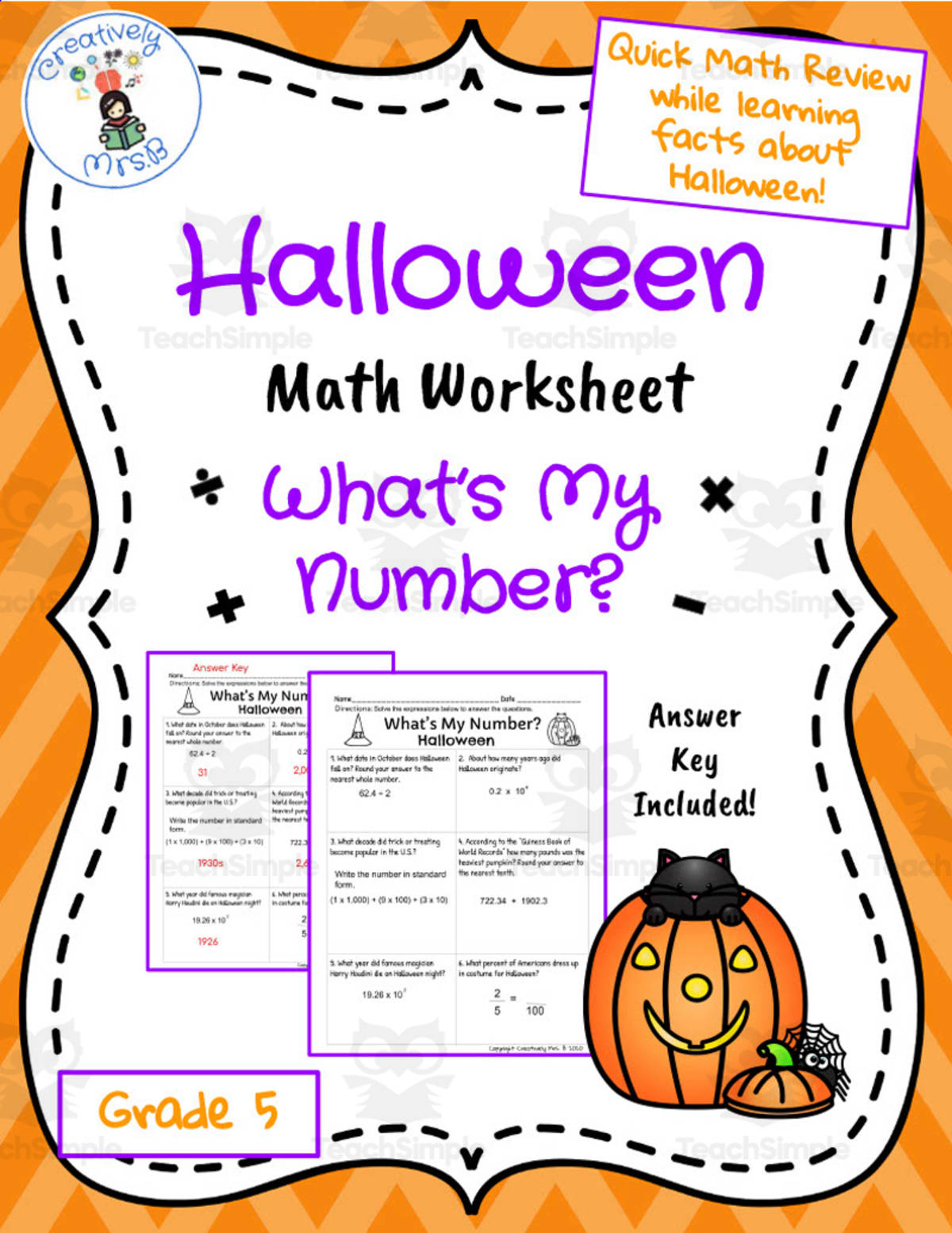 An educational teaching resource from Creatively Mrs. B entitled Halloween Math Trivia Worksheet downloadable at Teach Simple.
