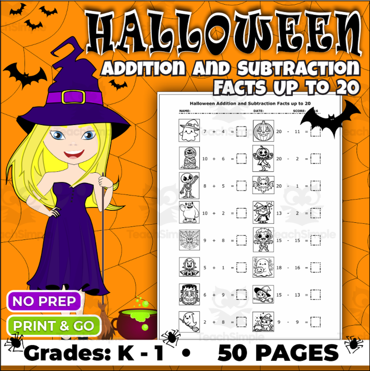 Halloween Math Worksheets – Addition & Subtraction Within 20 preview