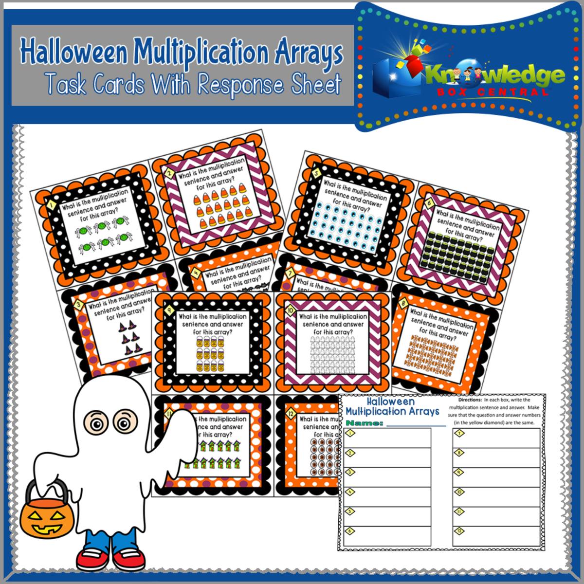 An educational teaching resource from Knowledge Box Central entitled Halloween Multiplication Arrays Task Cards With Response Sheet and Answer Key - EBOOK downloadable at Teach Simple.