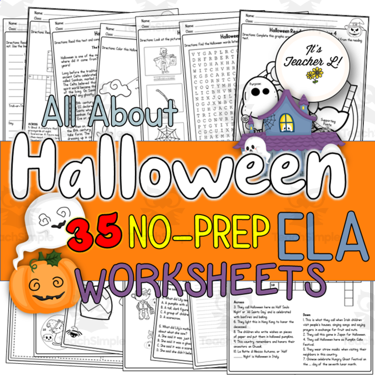 An educational teaching resource from It's Teacher L entitled Halloween No-Prep ELA Worksheet downloadable at Teach Simple.