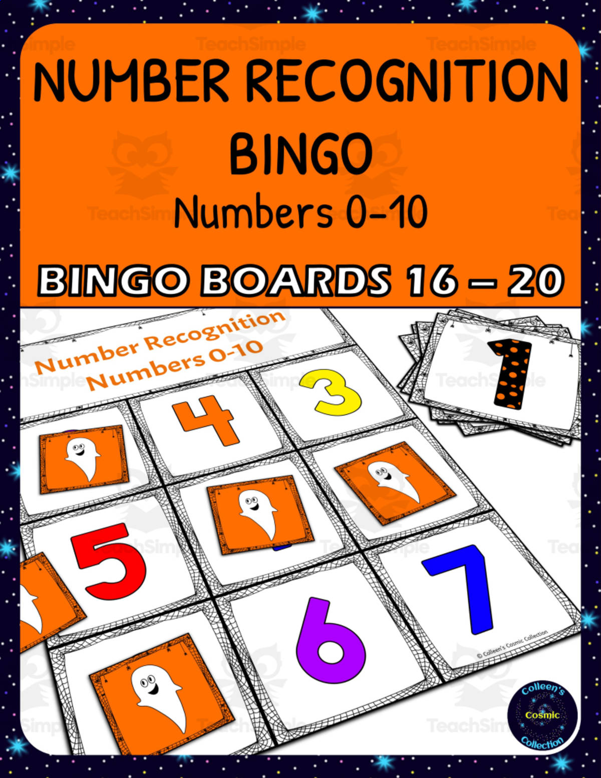 An educational teaching resource from Colleen's Cosmic Collection entitled Halloween Number Recognition 0-10 Bingo - Boards 16-20 downloadable at Teach Simple.