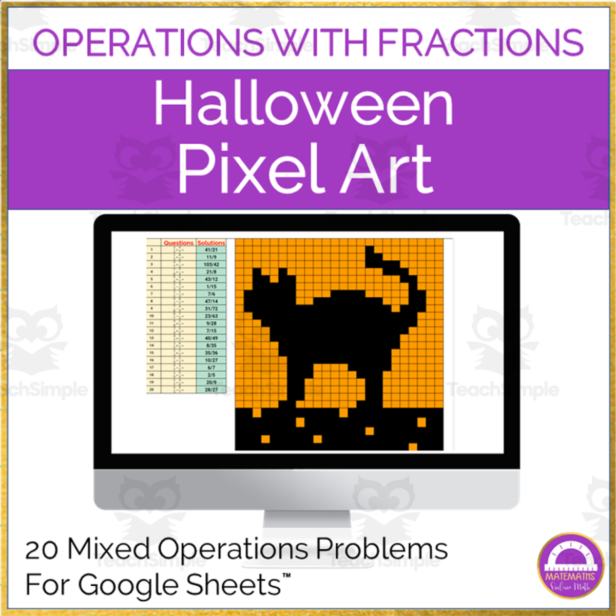 An educational teaching resource from Matemaths entitled Halloween Operations with Fractions Pixel Art Activity downloadable at Teach Simple.