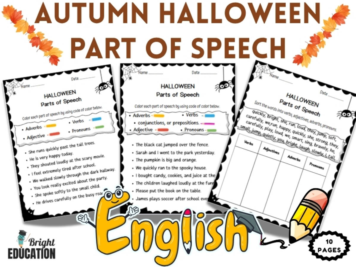 An educational teaching resource from Bright Education entitled Halloween Parts of Speech Worksheets | Autumn Grammar Activities downloadable at Teach Simple.