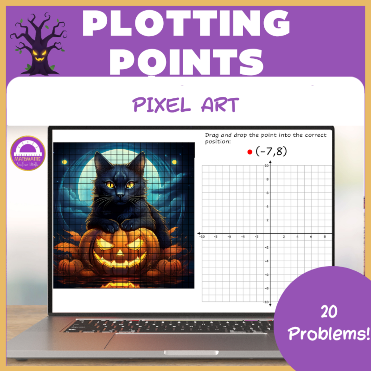 An educational teaching resource from Matemaths entitled Halloween Plotting Points on the Coordinate Plane Pixel Art downloadable at Teach Simple.