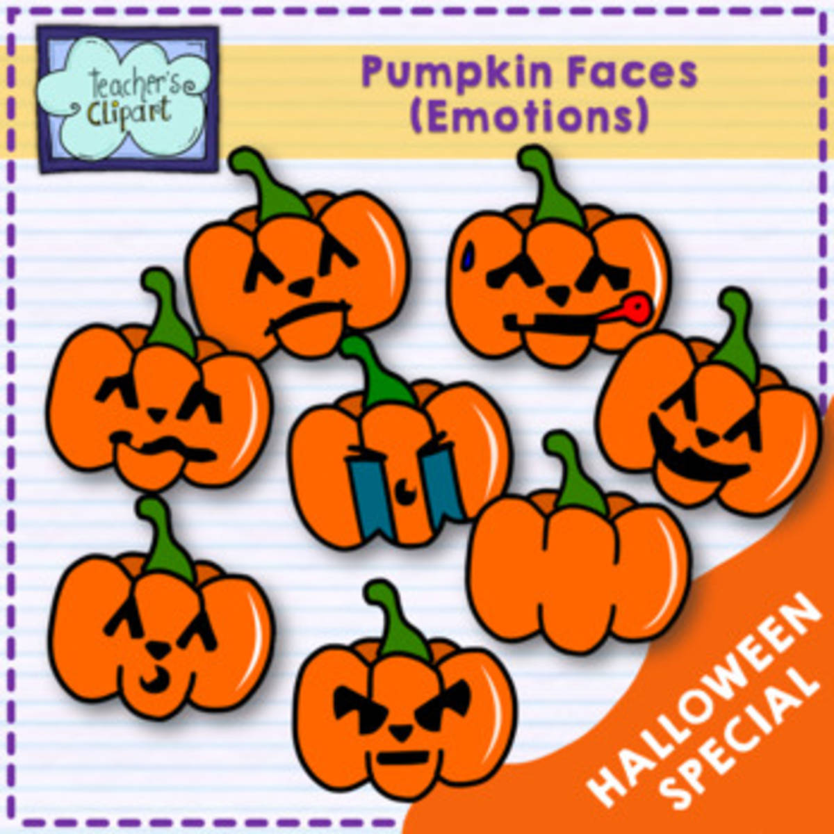 An educational teaching resource from Teacher's Clipart entitled Halloween Pumpkin Emotions Clipart - Jack-o'-Lantern Faces (SEL & Feel downloadable at Teach Simple.