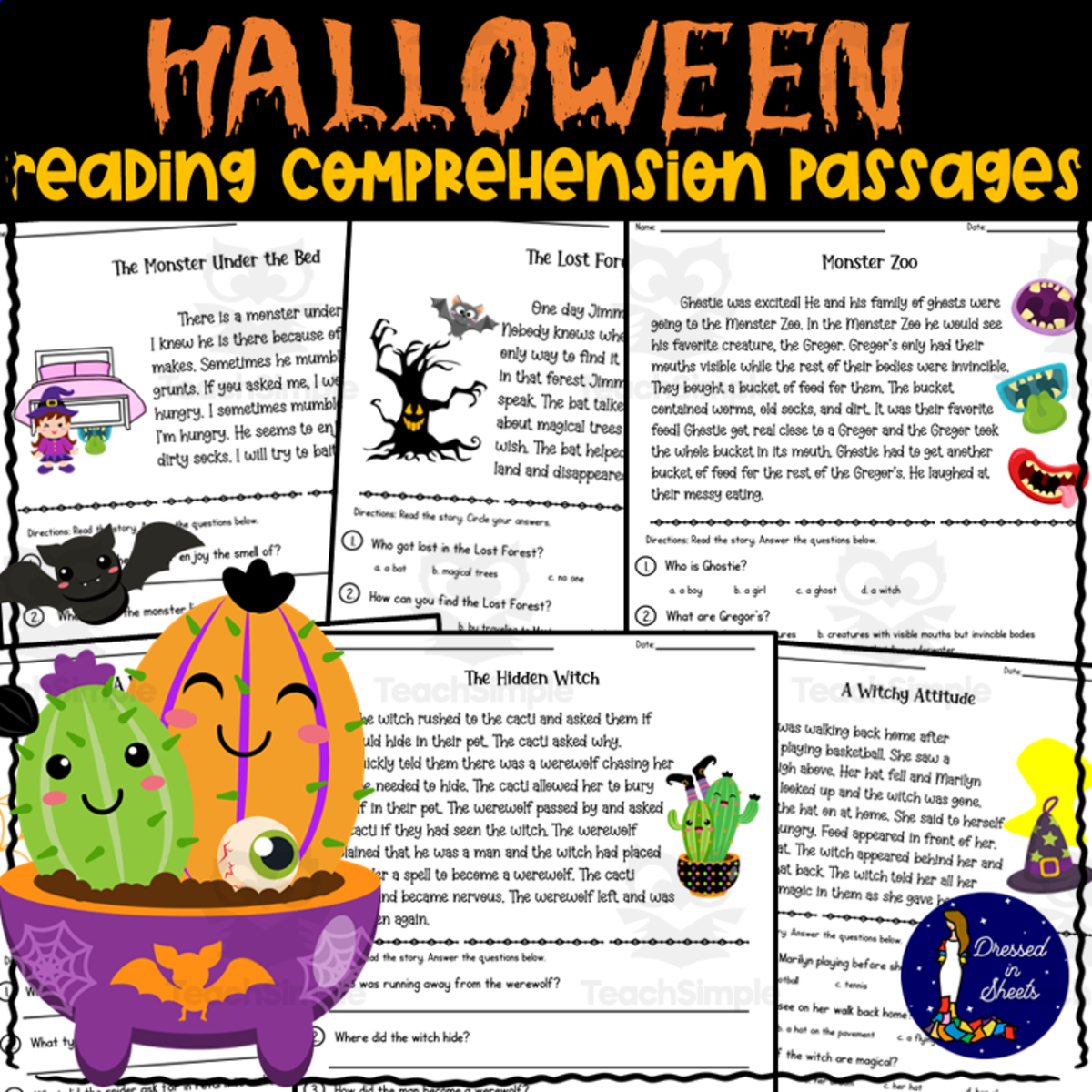 An educational teaching resource from Soumara Siddiqui entitled Halloween Reading Comprehension Passages downloadable at Teach Simple.