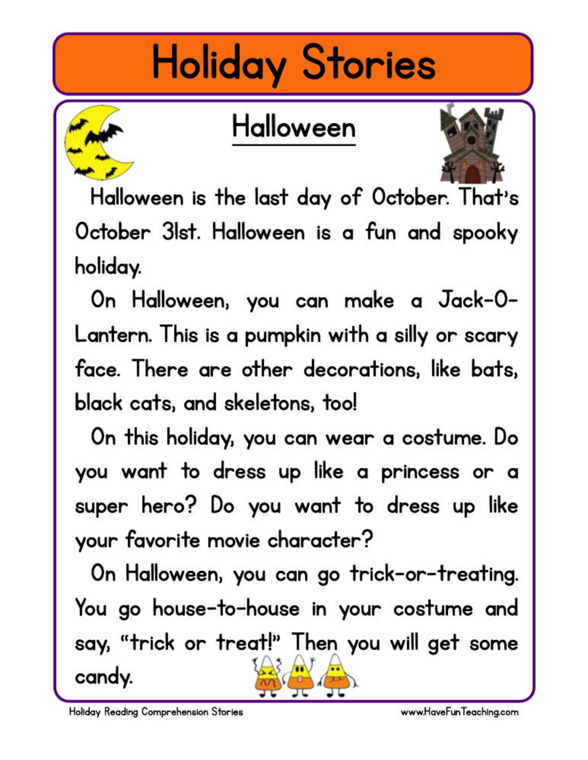 An educational teaching resource from Have Fun Teaching entitled Halloween Reading Comprehension Worksheet downloadable at Teach Simple.
