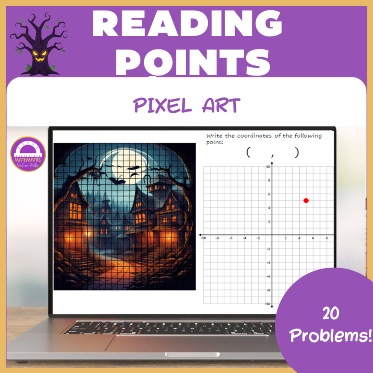 An educational teaching resource from Matemaths entitled Halloween Reading Points on the Coordinate Plane Pixel Art downloadable at Teach Simple.