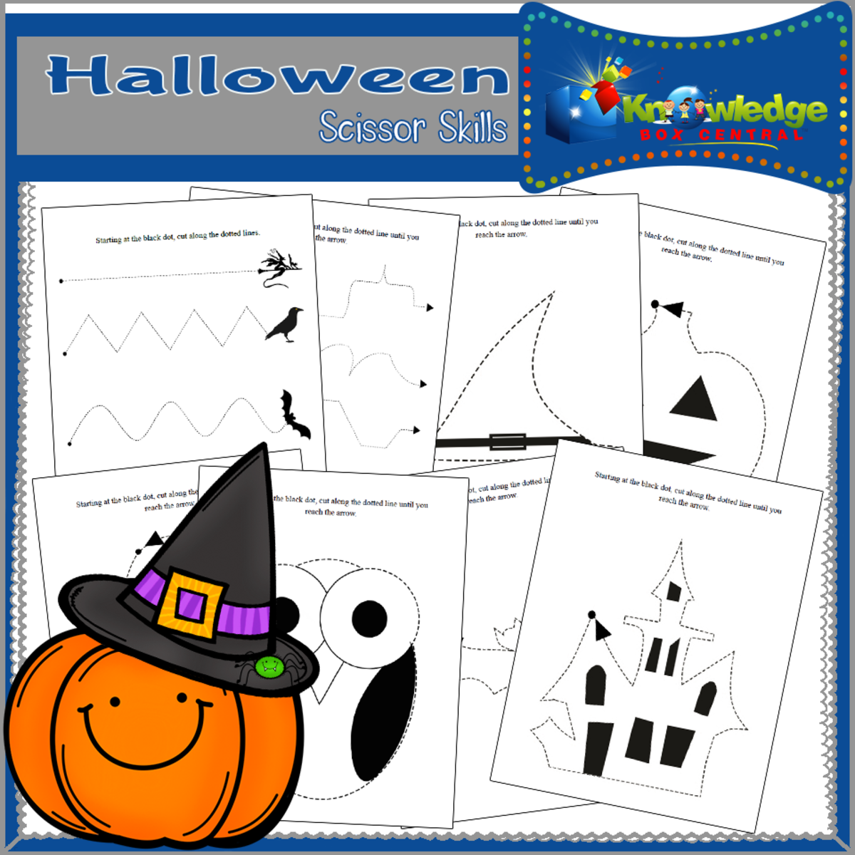 An educational teaching resource from Knowledge Box Central entitled Halloween Scissor Skills - EBOOK downloadable at Teach Simple.