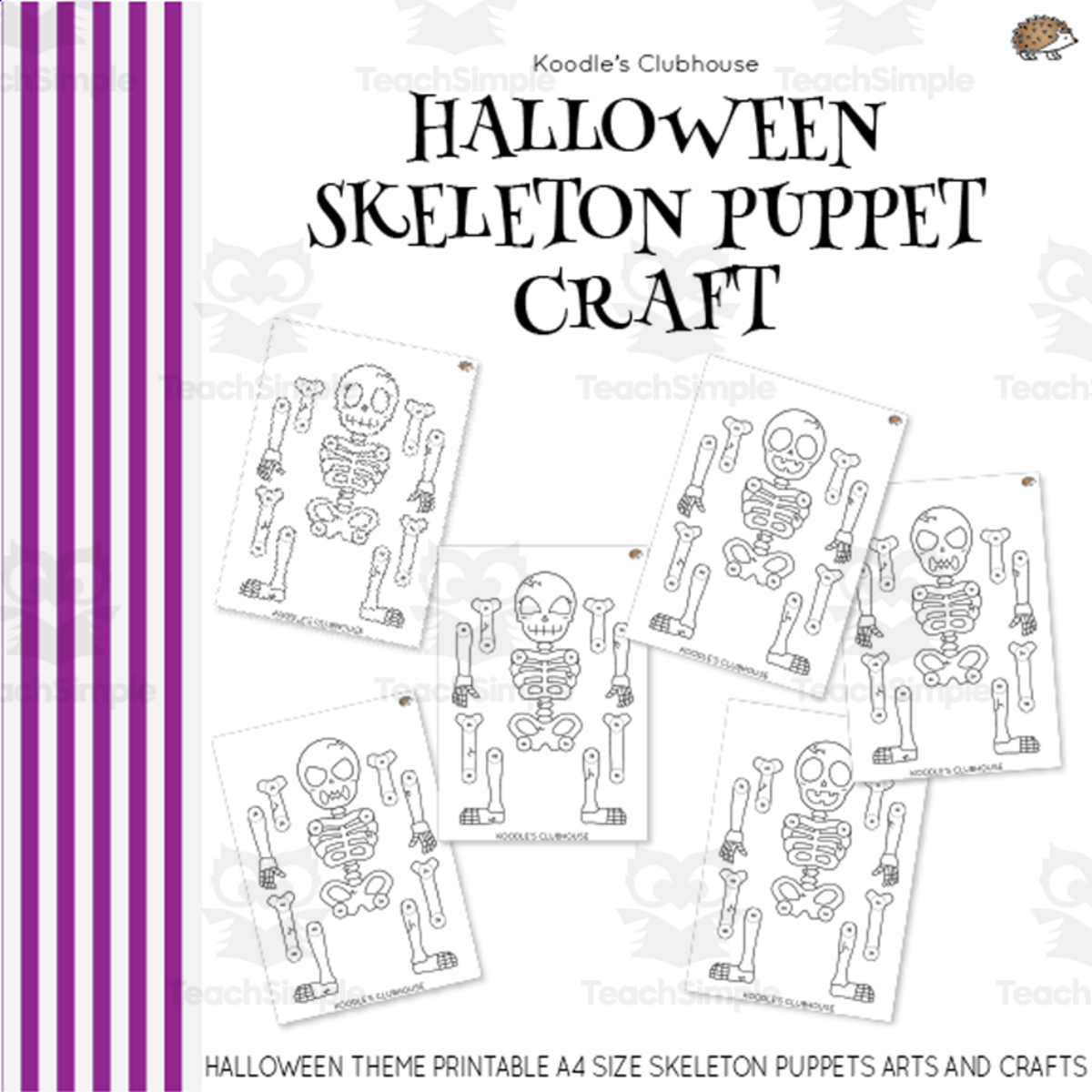 An educational teaching resource from Koodles Clubhouse entitled Halloween Skeleton Puppet Crafts downloadable at Teach Simple.