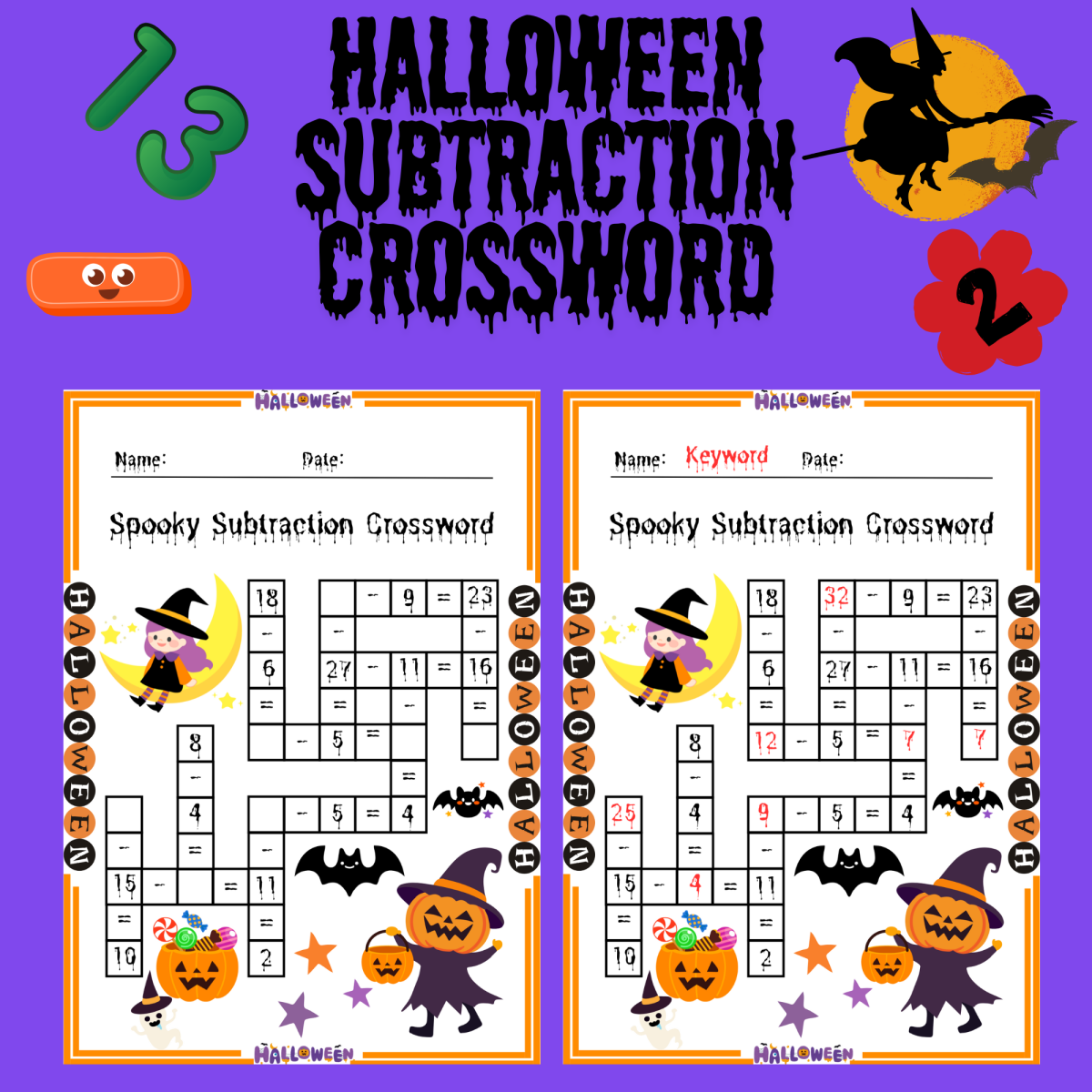 An educational teaching resource from Cutie worksheets986 entitled Halloween Subtraction Crosswords | Grades 1-2 Math Worksheets downloadable at Teach Simple.
