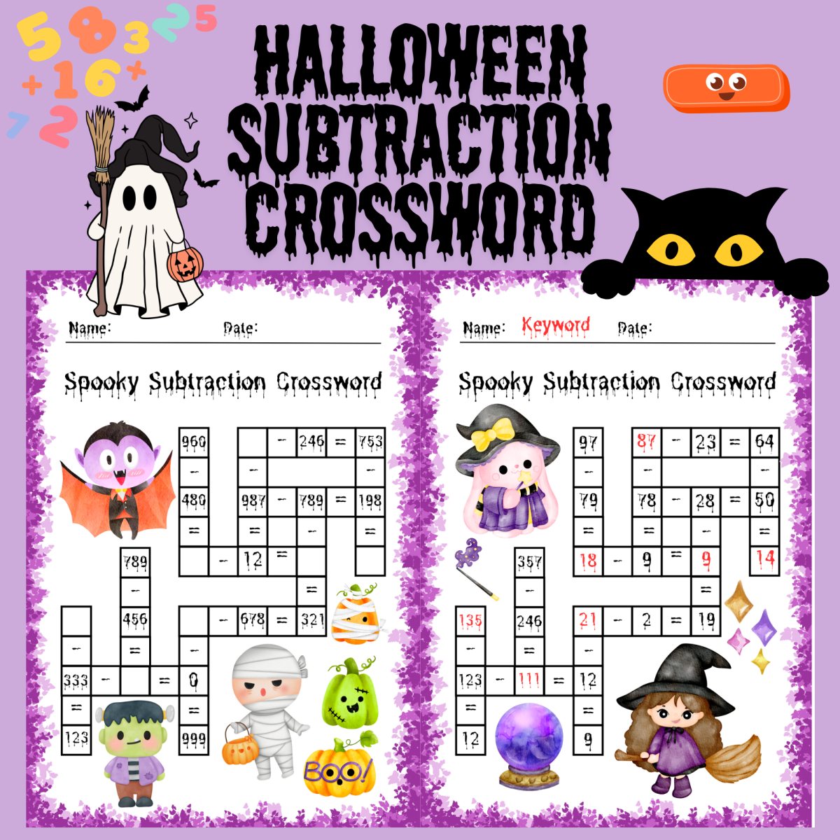An educational teaching resource from Cutie worksheets986 entitled Halloween Subtraction Crosswords | Math Worksheets (Grades 3–4) downloadable at Teach Simple.
