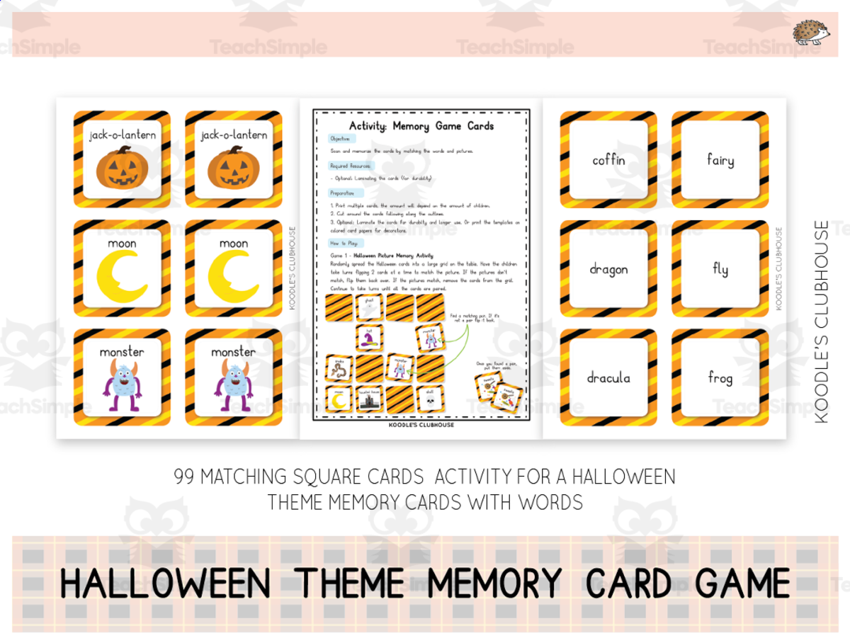 An educational teaching resource from Koodles Clubhouse entitled Halloween Themed Memory Cards Activity downloadable at Teach Simple.