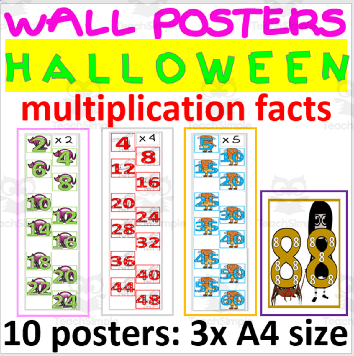 An educational teaching resource from WORDS ASIDE entitled HALLOWEEN THEMED WALL POSTERS |MULTIPLICATION MATH FACTS version 1 | 3x A4 sized downloadable at Teach Simple.