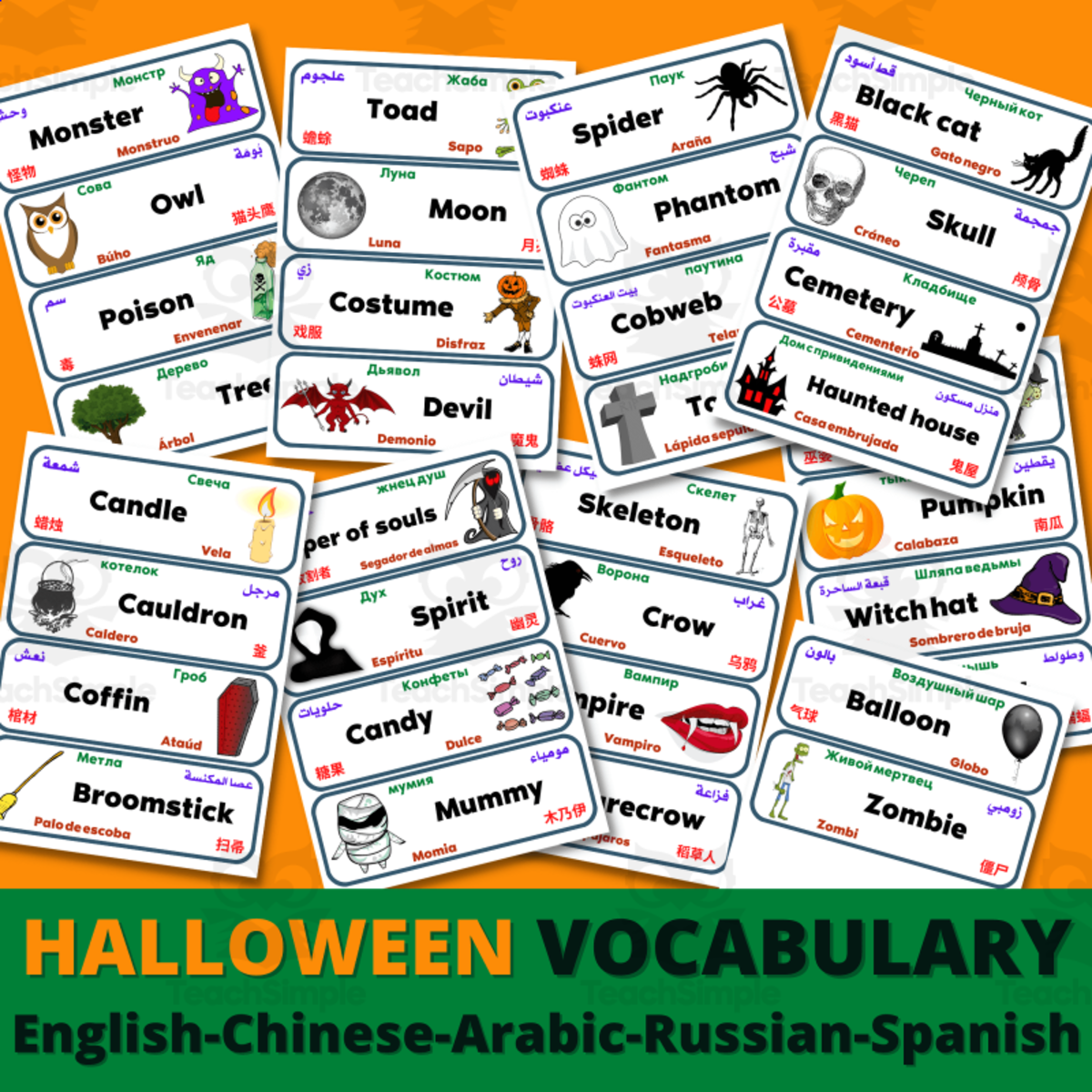An educational teaching resource from Homeschoolingprints entitled Halloween Vocabulary Flashcards Multilingual Word Wall Labels downloadable at Teach Simple.