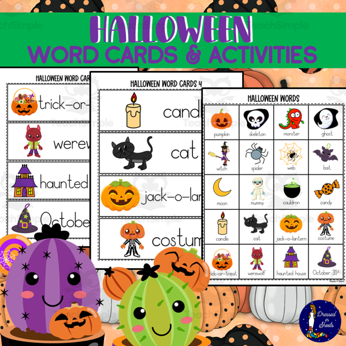 An educational teaching resource from Soumara Siddiqui entitled Halloween Word Cards and Activities downloadable at Teach Simple.