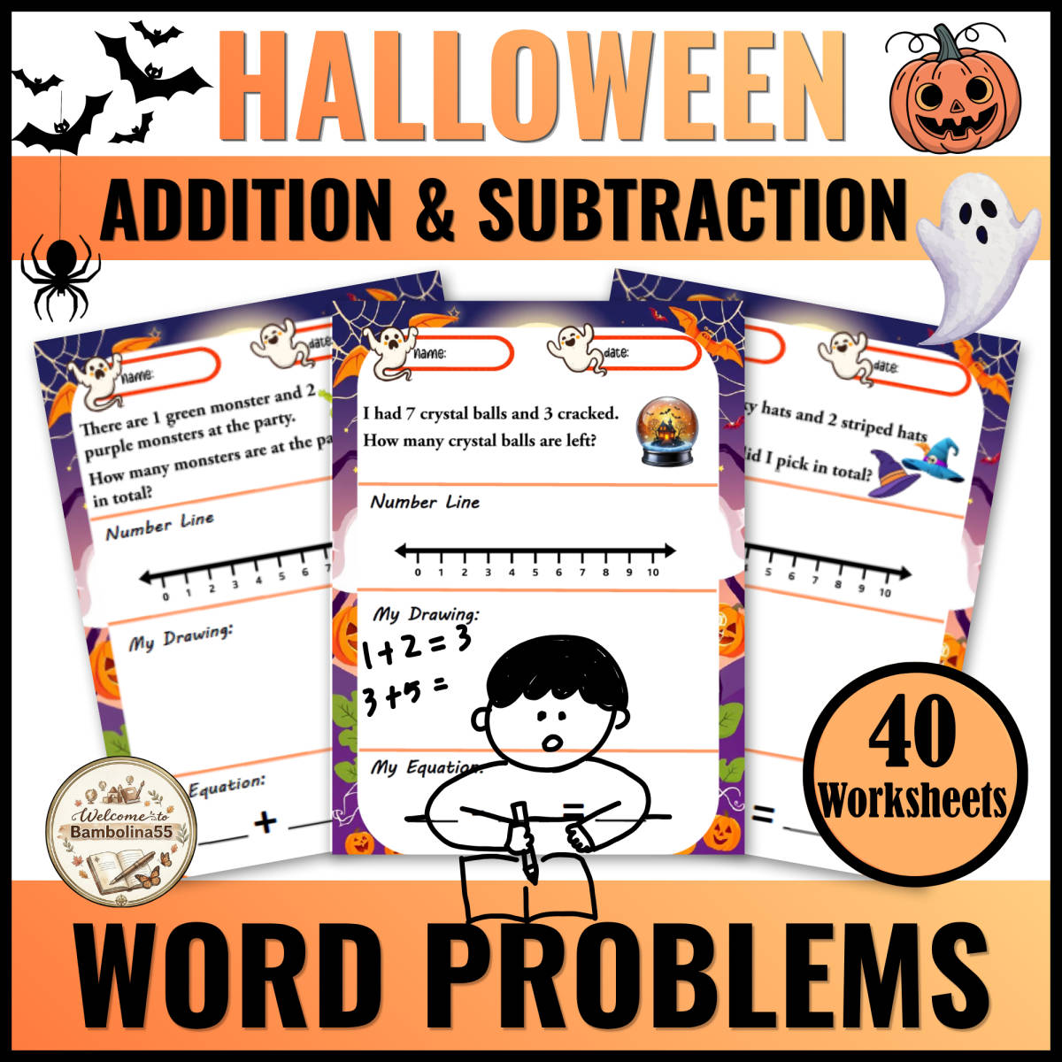 An educational teaching resource from Bambolina55 entitled Halloween Word Problems, October Math Activities Addition and Subtract downloadable at Teach Simple.