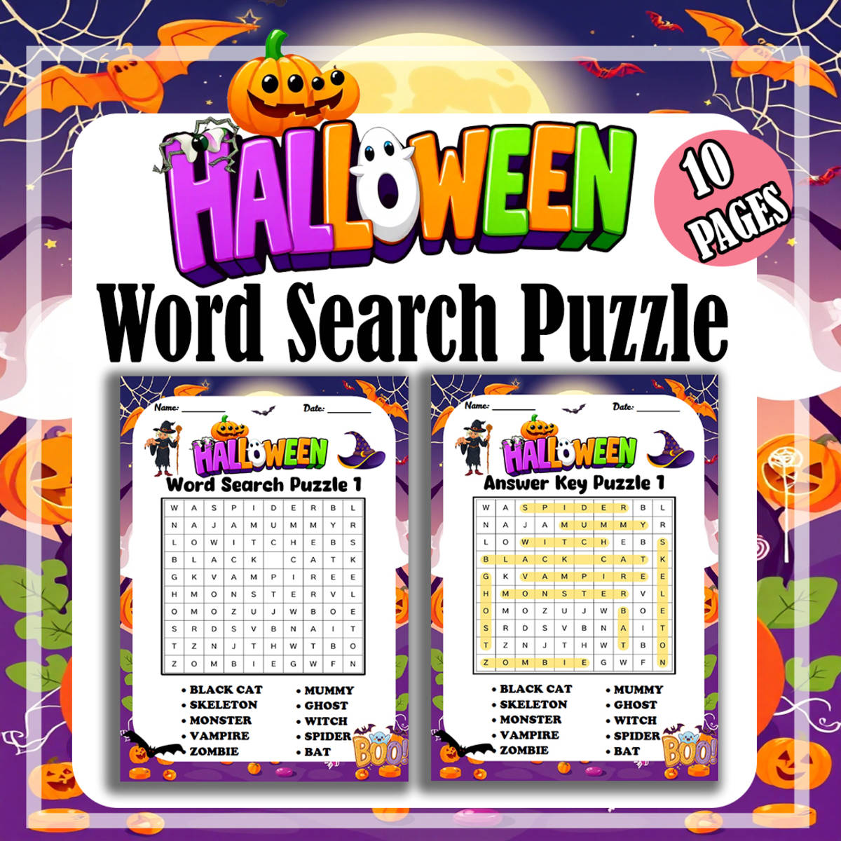 An educational teaching resource from Bambolina55 entitled Halloween Word Search Puzzle Game Spooky October for Kindergarten downloadable at Teach Simple.