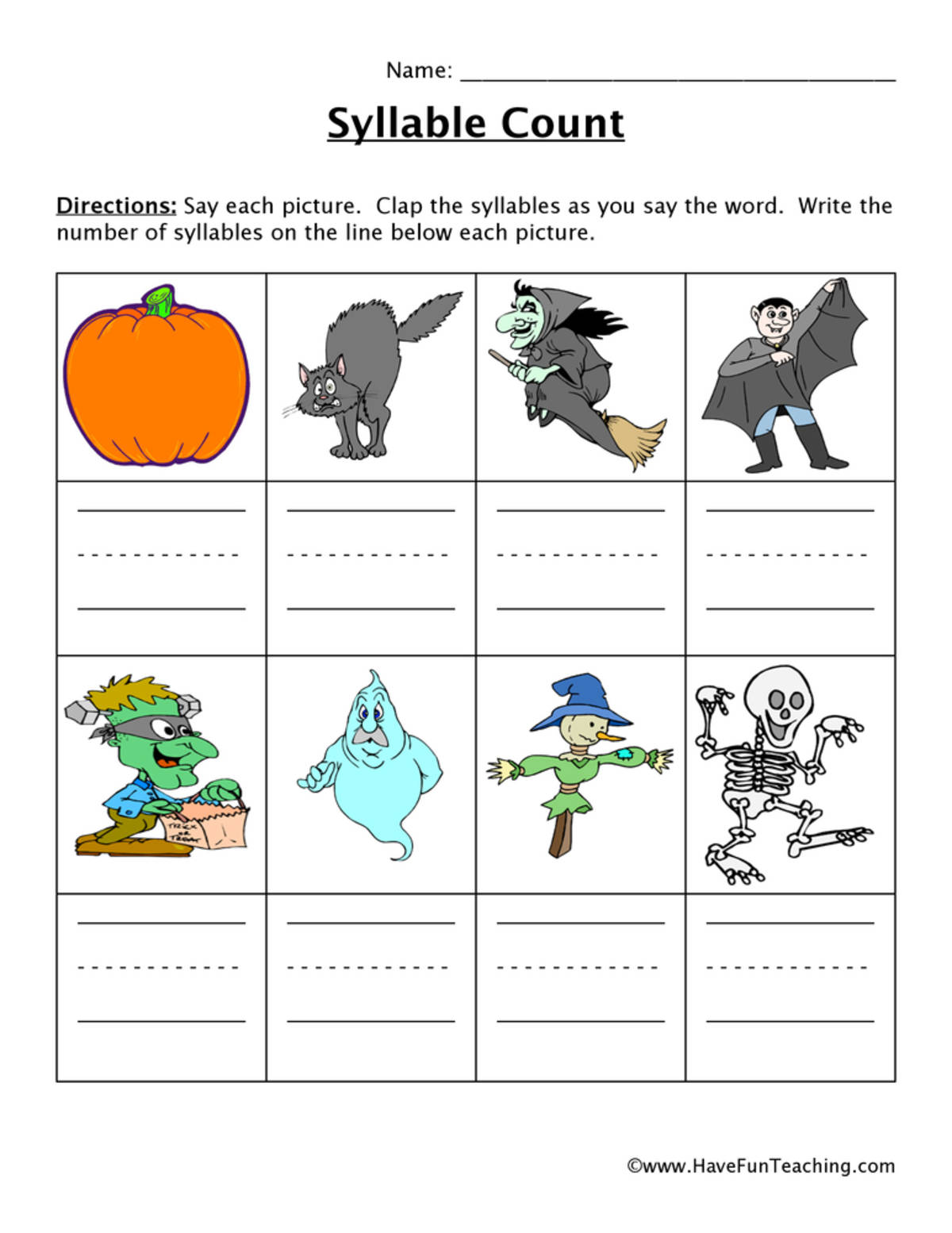 An educational teaching resource from Have Fun Teaching entitled Halloween Words Syllable Worksheet downloadable at Teach Simple.