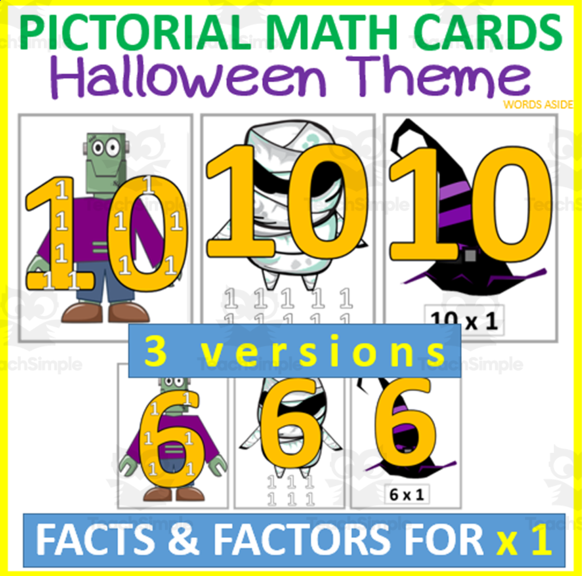 An educational teaching resource from WORDS ASIDE entitled HALLOWEEN x1 Pictorial Math Multiplication Flashcards downloadable at Teach Simple.