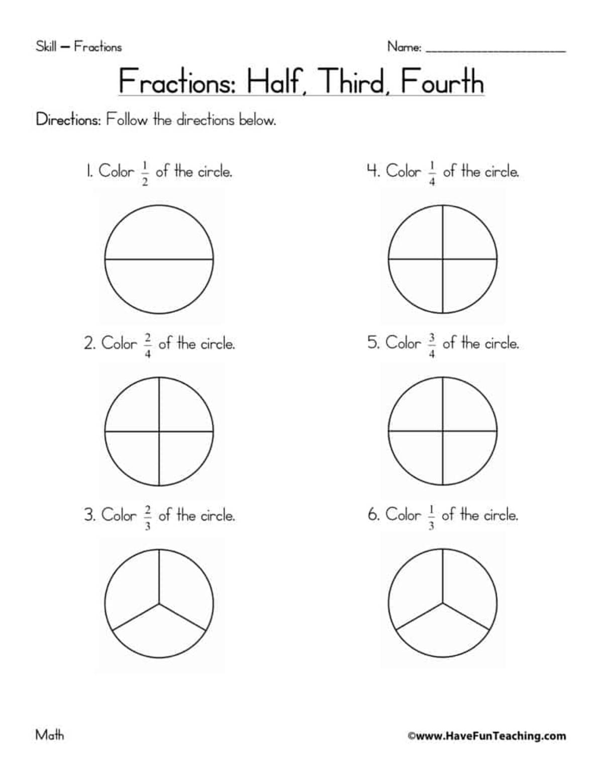 An educational teaching resource from Have Fun Teaching entitled Halves, Thirds, and Fourths – Fractions Worksheet downloadable at Teach Simple.