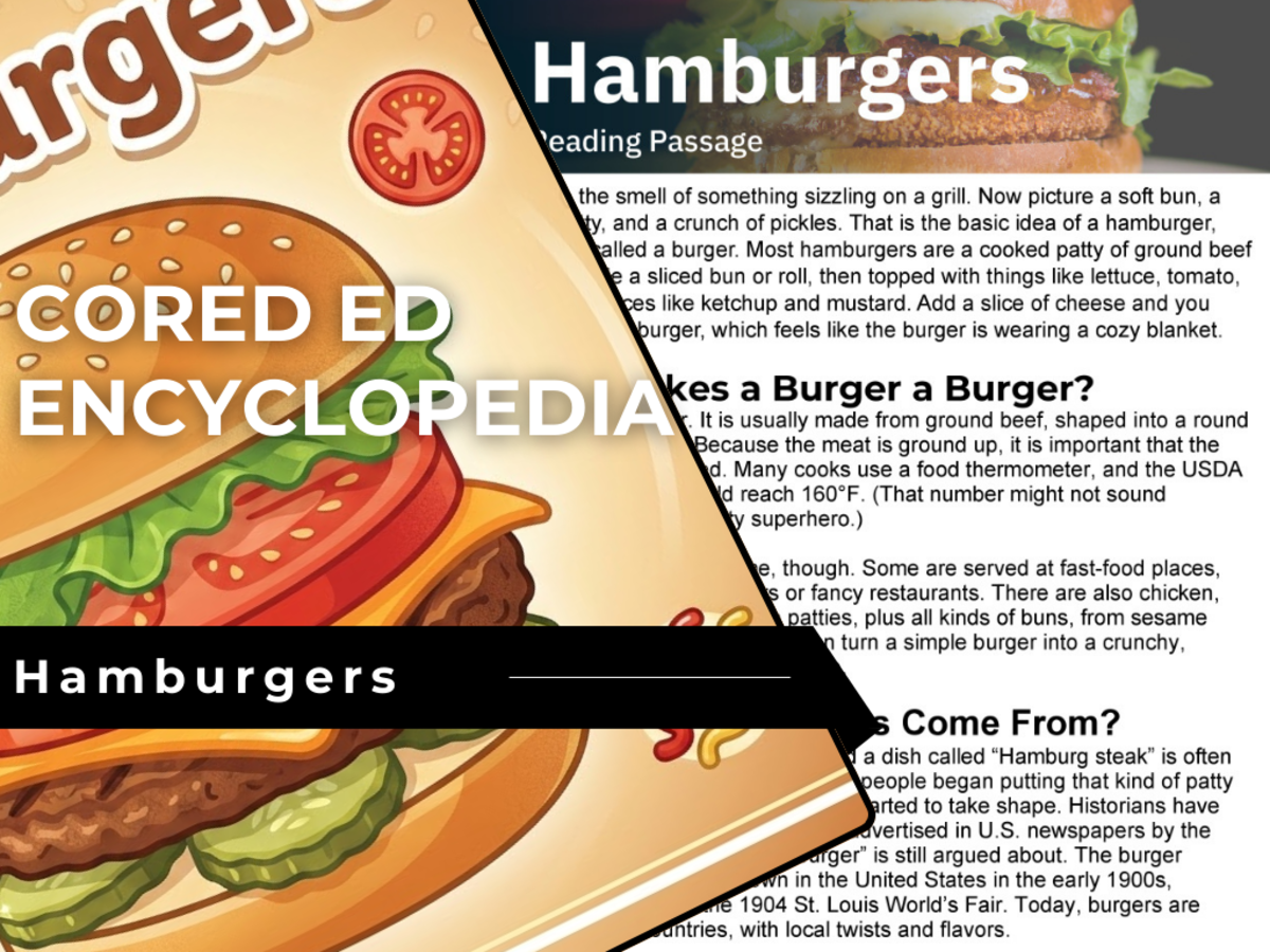An educational teaching resource from Cored Education entitled Hamburgers Reading Comprehension Passage - Cored Ed Encyclopedia downloadable at Teach Simple.