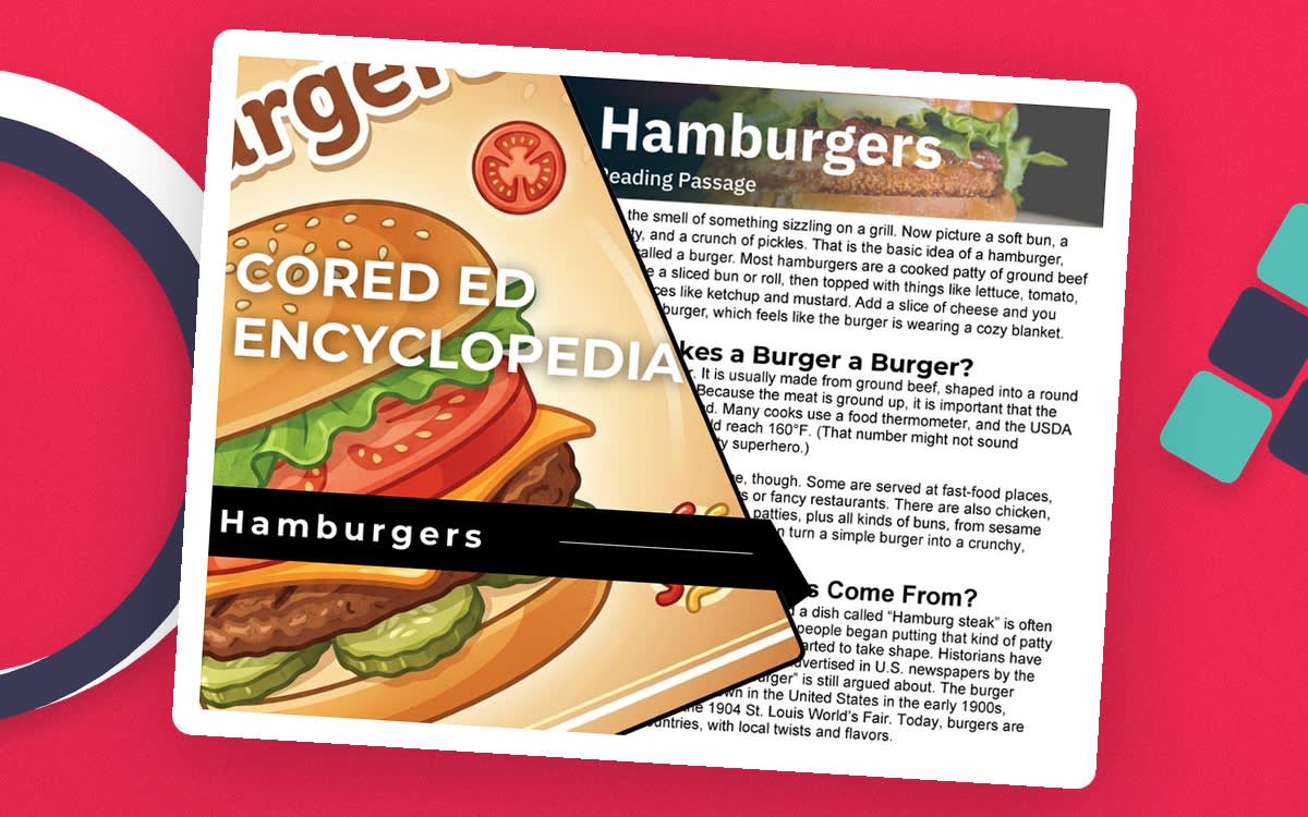 An educational teaching resource from Cored Education entitled Hamburgers Reading Comprehension Passage - Cored Ed Encyclopedia downloadable at Teach Simple.
