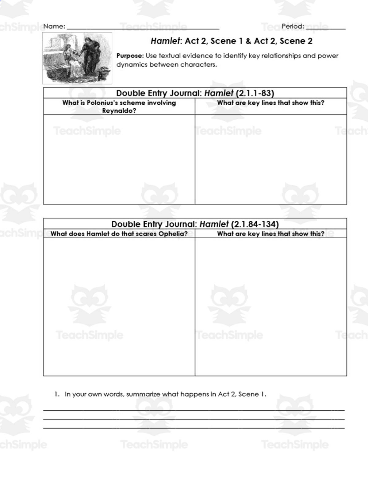 An educational teaching resource from ELA Resources entitled Hamlet Act 2, Scenes 1-2 | Double Entry Journals downloadable at Teach Simple.