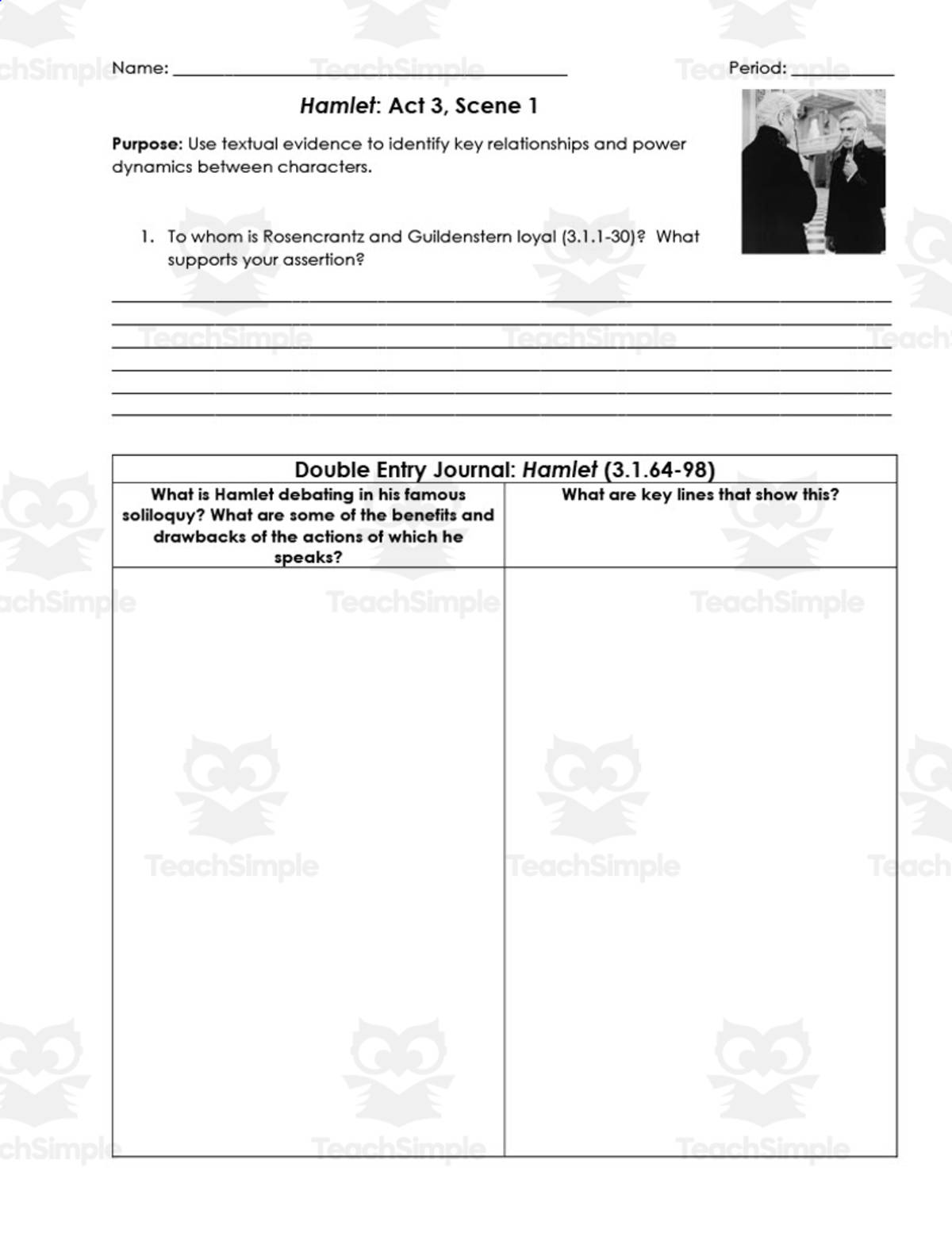 An educational teaching resource from ELA Resources entitled Hamlet Act 3, Scene 1 | Double Entry Journals downloadable at Teach Simple.