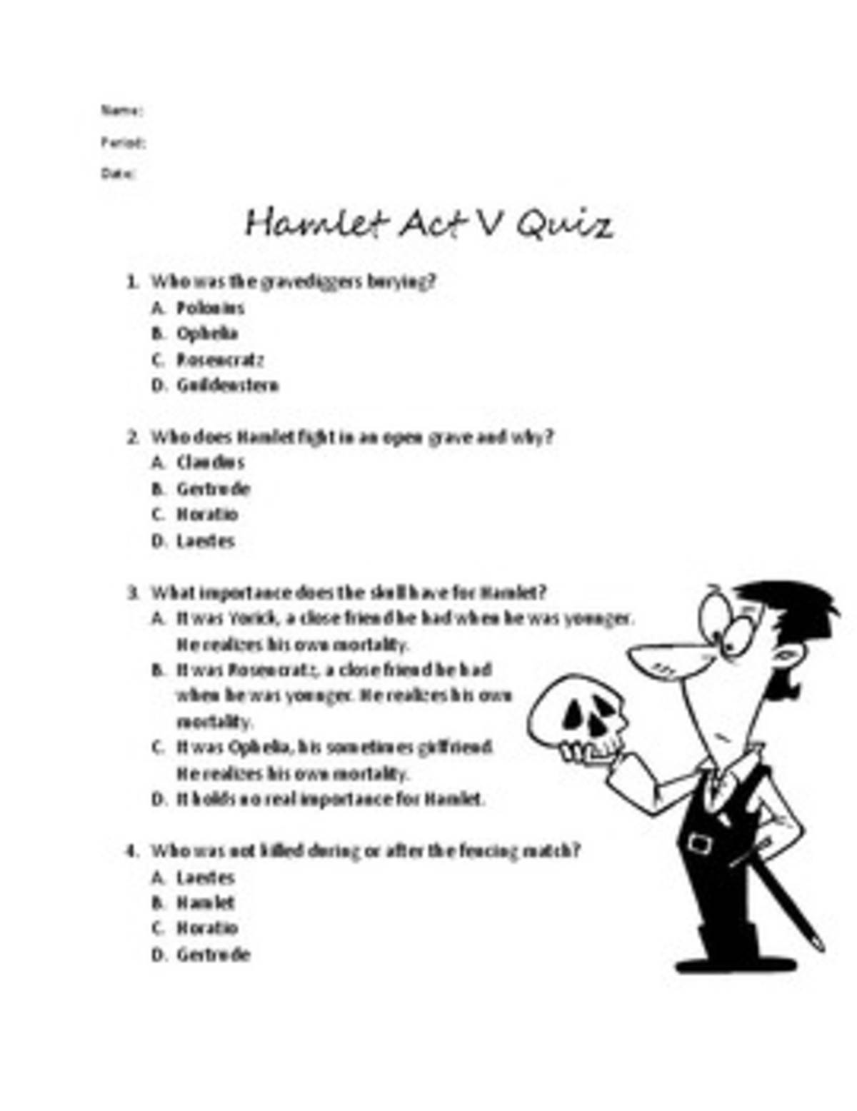 An educational teaching resource from Educate and Create entitled Hamlet Act 5 Quiz downloadable at Teach Simple.