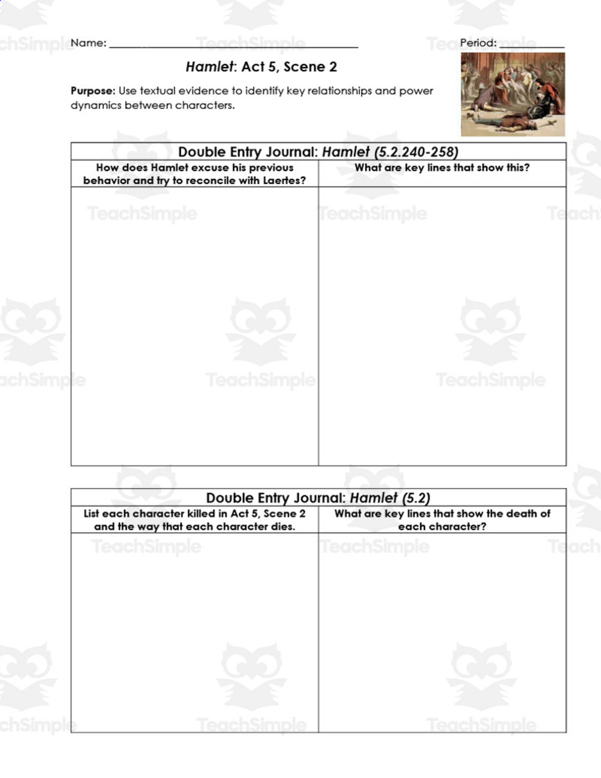 An educational teaching resource from ELA Resources entitled Hamlet Act 5, Scene 2 Double Entry Journals downloadable at Teach Simple.